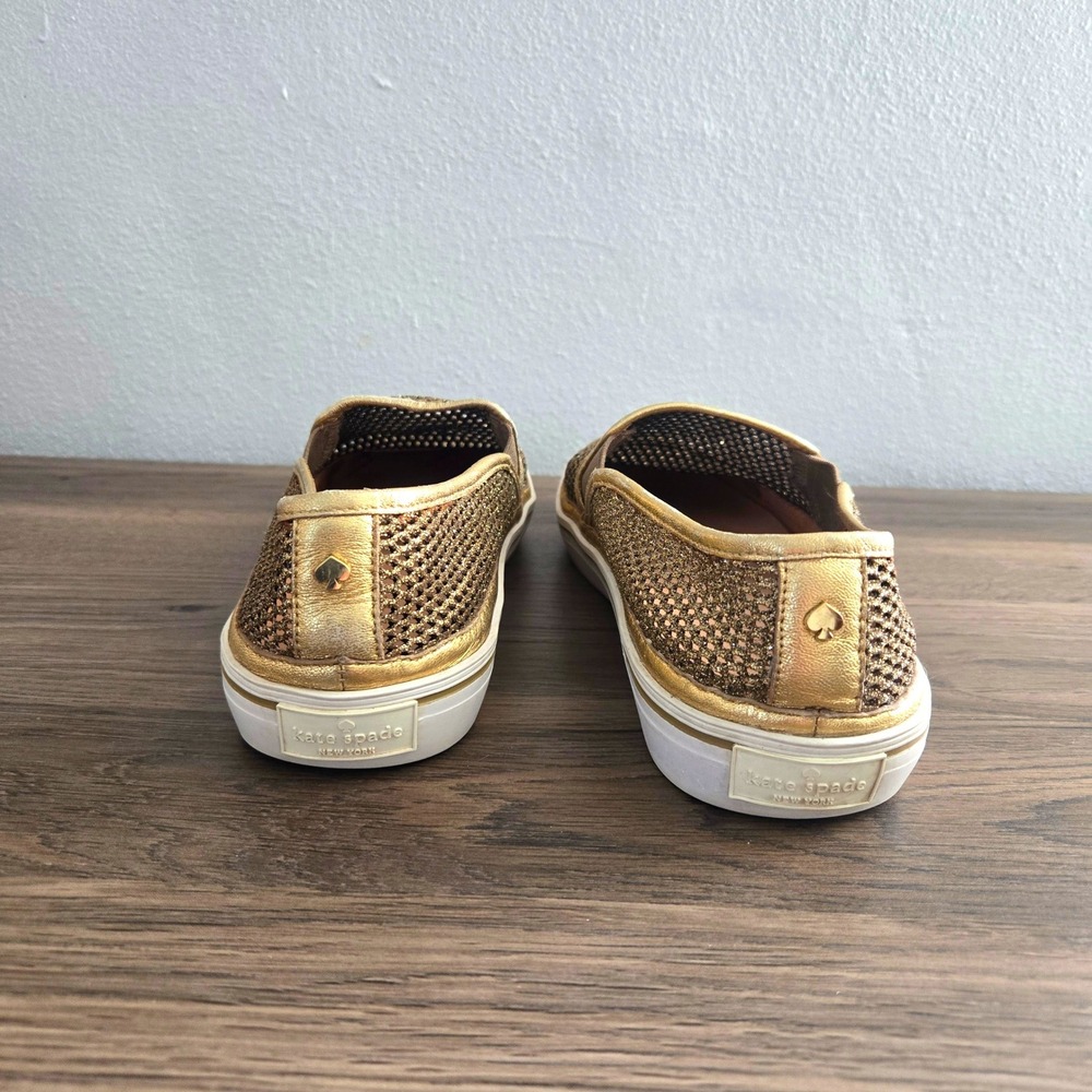 Kate Spade Sallie Gold Glitter Mesh Slip‎ On Sneakers Metallic Leather Size 10 - Picture 4 of 11